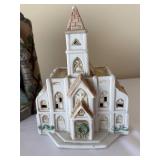 Nativity Arch Scene with Mary & Joseph & White Ceramic Church Figurine