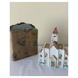 Nativity Arch Scene with Mary & Joseph & White Ceramic Church Figurine