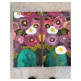 Floral Diptych Painting - Two-Panel Bouquet in Teal Vases, Pink Purple White Flowers