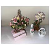 Capodimonte Porcelain 4-Piece Floral Set: Pink Piano, Rose Vase, Basket & Bouquet