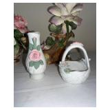 Capodimonte Porcelain 4-Piece Floral Set: Pink Piano, Rose Vase, Basket & Bouquet