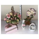 Capodimonte Porcelain 4-Piece Floral Set: Pink Piano, Rose Vase, Basket & Bouquet