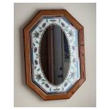 Octagonal Wood Frame Mirror with Floral Stained-Glass Border