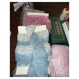 Singer Sewing Kit Box with Blue & Pink Lace Fabric, Glue Bottles & Notions