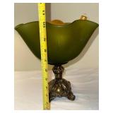 Antique Green Glass Compote Bowl on Ornate Bronze Stand