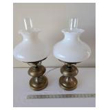 Pair of Vintage Brass Table Lamps with White Glass Shades