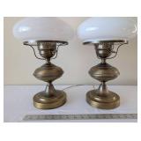 Pair of Vintage Brass Table Lamps with White Glass Shades
