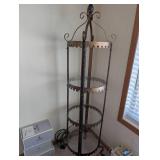 Wrought Iron and Glass Three-Tier Display Shelf with Decorative Scrollwork
