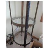 Wrought Iron and Glass Three-Tier Display Shelf with Decorative Scrollwork