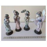 Set of 4 Lladro Geisha Porcelain Figurines, Hand Made in Spain