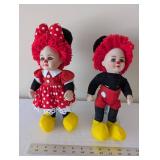 Pair of Porcelain Clown Dolls with Red Yarn Hair and Stands
