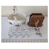 Porcelain Rose Table Decor Collection with Basket, Napkin Rings, and Wooden Stand