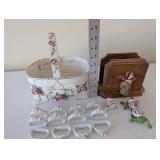 Porcelain Rose Table Decor Collection with Basket, Napkin Rings, and Wooden Stand