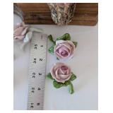 Porcelain Rose Table Decor Collection with Basket, Napkin Rings, and Wooden Stand