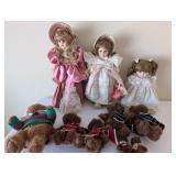 Collection of 3 Vintage Porcelain Dolls and 6 Plush Teddy Bears