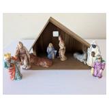 Goebel West Germany Porcelain Nativity Set with Wooden Stable