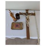 Religious Decor Collection: Wall Crucifix, Carved Christ Figure, Tray and Wooden Holder