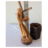 Religious Decor Collection: Wall Crucifix, Carved Christ Figure, Tray and Wooden Holder