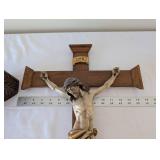 Religious Decor Collection: Wall Crucifix, Carved Christ Figure, Tray and Wooden Holder