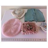 Vintage Knit Berets, Blue Knit Vest, Fabric Bonnet, and Pink Lace Trinket Box Set