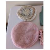 Vintage Knit Berets, Blue Knit Vest, Fabric Bonnet, and Pink Lace Trinket Box Set