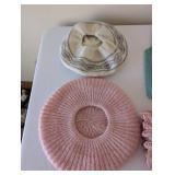 Vintage Knit Berets, Blue Knit Vest, Fabric Bonnet, and Pink Lace Trinket Box Set