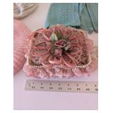 Vintage Knit Berets, Blue Knit Vest, Fabric Bonnet, and Pink Lace Trinket Box Set