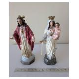 Pair of Religious Statues Sacred Heart of Jesus and Madonna with Child 15in Tall
