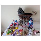 Antique Baby Carriage with Collection of Stuffed Plush Toys