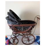 Antique Baby Carriage with Collection of Stuffed Plush Toys