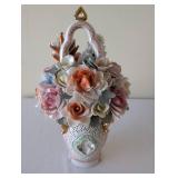 Porcelain Floral Basket Vase with Pastel Flowers and Gold Accents