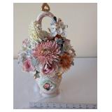 Porcelain Floral Basket Vase with Pastel Flowers and Gold Accents