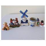 Collection of Decorative Figurines Including Coca-Cola Bears, Porcelain Windmill, Glass Rooster and More