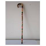 Handcrafted Painted Wood Walking Cane with Folk Art Design