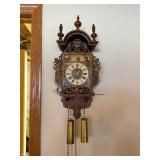 Antique Carved-Wood Wall Clock with Brass Weights and Painted Landscape Dial