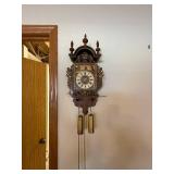 Antique Carved-Wood Wall Clock with Brass Weights and Painted Landscape Dial