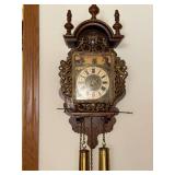 Antique Carved-Wood Wall Clock with Brass Weights and Painted Landscape Dial