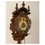 Antique Carved-Wood Wall Clock with Brass Weights and Painted Landscape Dial