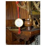 Antique Carved-Wood Wall Clock with Brass Weights and Painted Landscape Dial