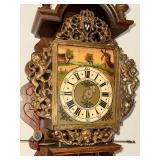 Antique Carved-Wood Wall Clock with Brass Weights and Painted Landscape Dial