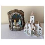 Nativity Arch Scene with Mary & Joseph & White Ceramic Church Figurine