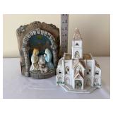 Nativity Arch Scene with Mary & Joseph & White Ceramic Church Figurine