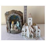 Nativity Arch Scene with Mary & Joseph & White Ceramic Church Figurine