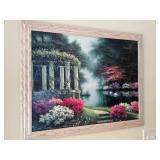 Framed Garden Landscape Art - Gazebo by Lake with Blooming Flowers in Whitewashed Wood