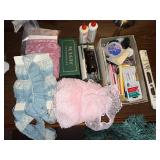 Singer Sewing Kit Box with Blue & Pink Lace Fabric, Glue Bottles & Notions