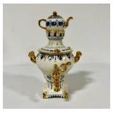 Vintage Gzhel Decorative Porcelain Gold Blue Samovar Topped with Teapot