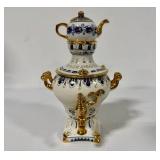 Vintage Gzhel Decorative Porcelain Gold Blue Samovar Topped with Teapot