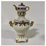 Vintage Gzhel Decorative Porcelain Gold Blue Samovar Topped with Teapot