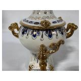 Vintage Gzhel Decorative Porcelain Gold Blue Samovar Topped with Teapot