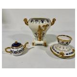 Vintage Gzhel Decorative Porcelain Gold Blue Samovar Topped with Teapot
